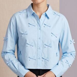 Wild Fable Women's Blue Bow Accent Button Up Shirt Coquette Cropped Blouse L